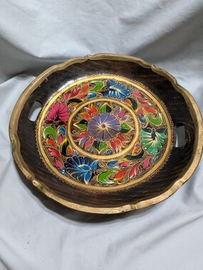 Vintage Solid Wood Hand‑Painted Floral Tray – 14” – Boho Cottagecore
